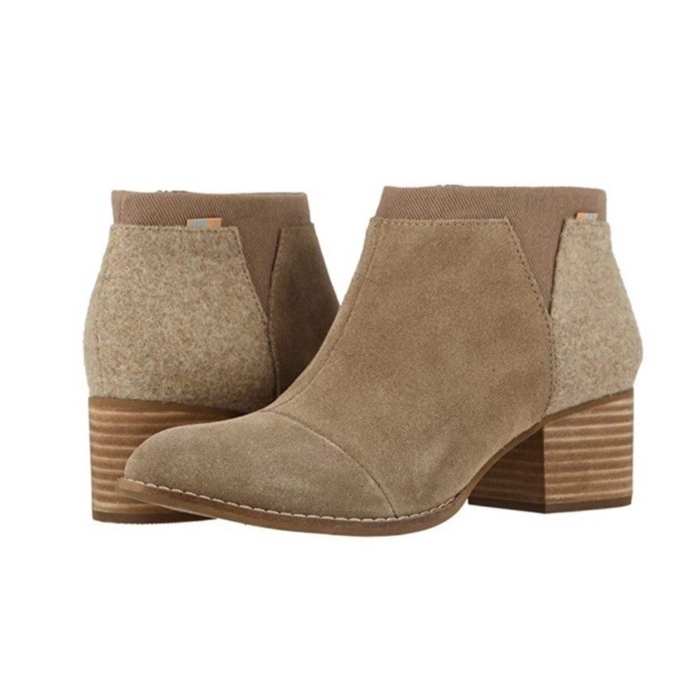 TOMS‎ Loren Leather Wool Ankle Booties Women's Size 9.5 Taupe Gray Heeled Boots